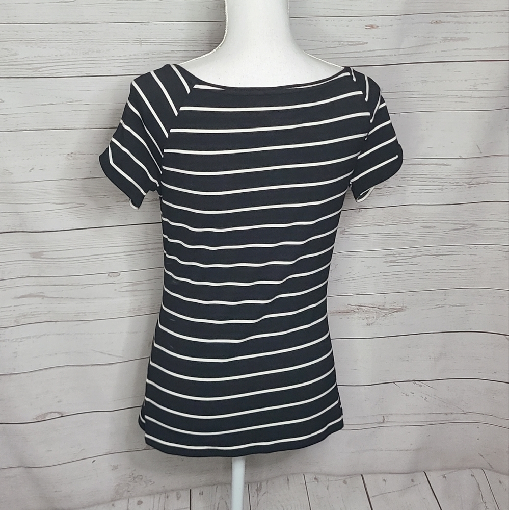 Whbm Square Neck Fitted Striped Button Short Slee… - image 3